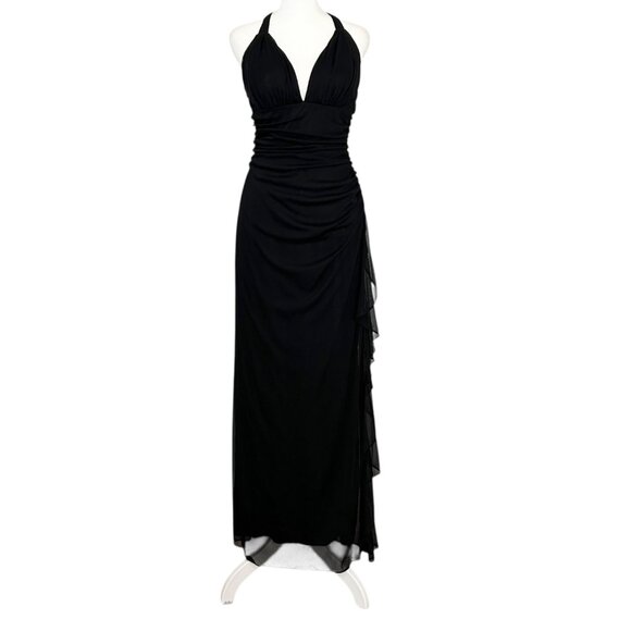 Betsy & Adam Y2K Black Halter Ruched Ruffle Sheer Witchy Whimsigoth Gown (10) - Picture 1 of 16